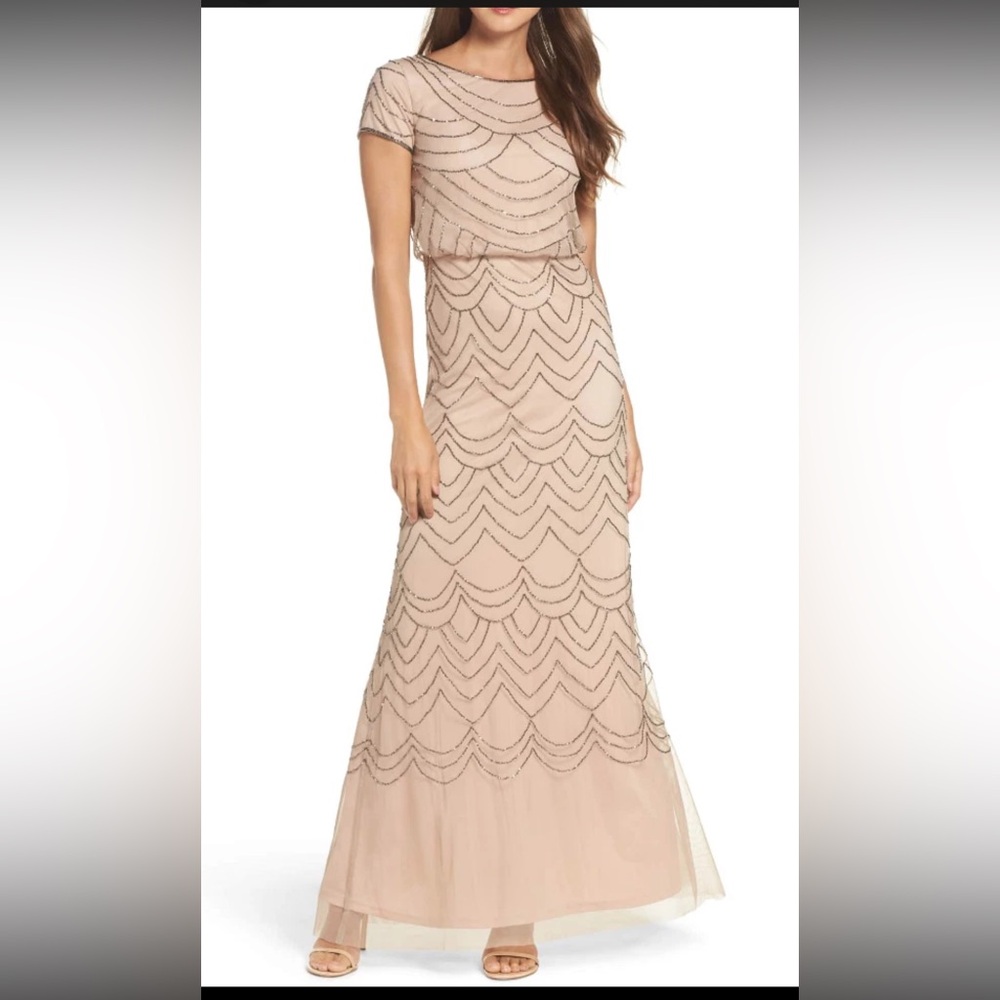 Adrianna Papell Womens Taupe Pink Beaded Blouson  Gown Size 6